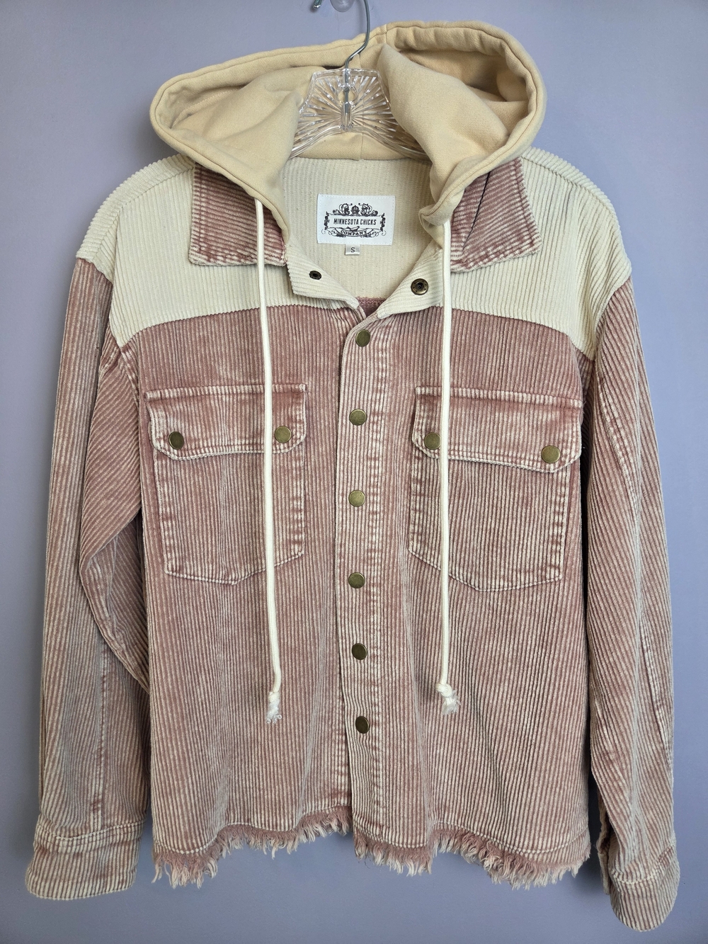 Two-Tone Corduroy Hooded Shacket Womens S Farmcore Barncoat Cowgirl Oversized